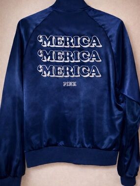 PINK Victoria’s Secret Satin Bomber Jacket Navy ‘MERICA’ Graphic Small